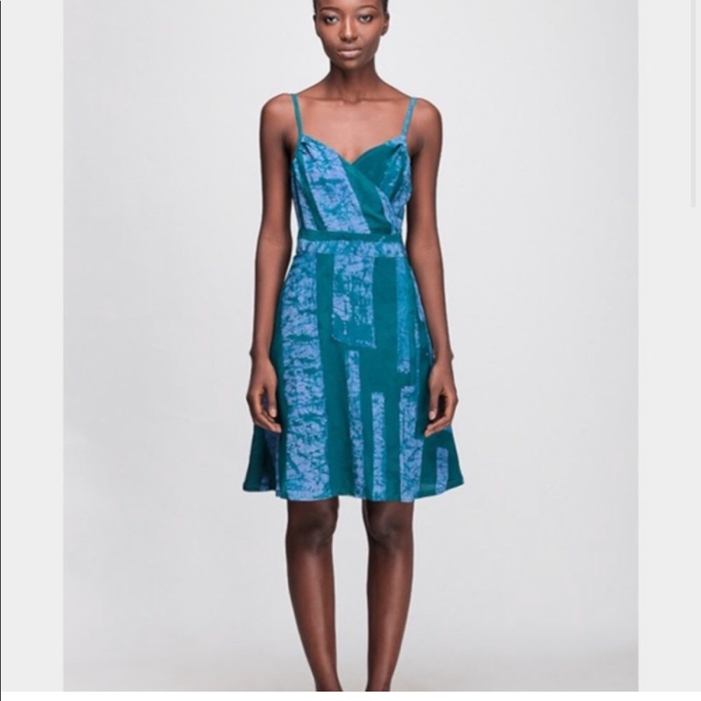 Osei Duro Green & Blue Striped Silk Batik Wrap Dress L